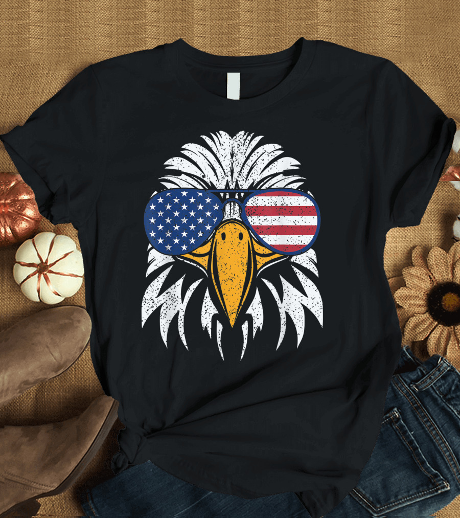 4Th Of July Bald Eagle With American Flag Sunglasses Patriotic T-Shirt