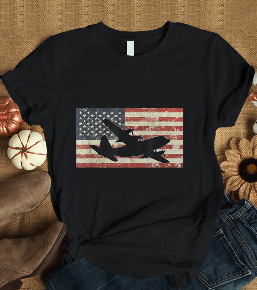 Vintage American Flag C 130 Military Plane Pilot USA Iconic T-Shirt
