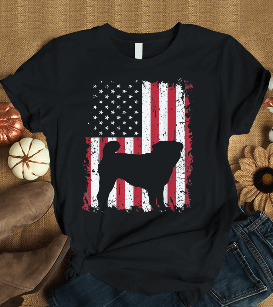 Pug Silhouette with American Flag for 4th of July Patriotic USA T-Shirt