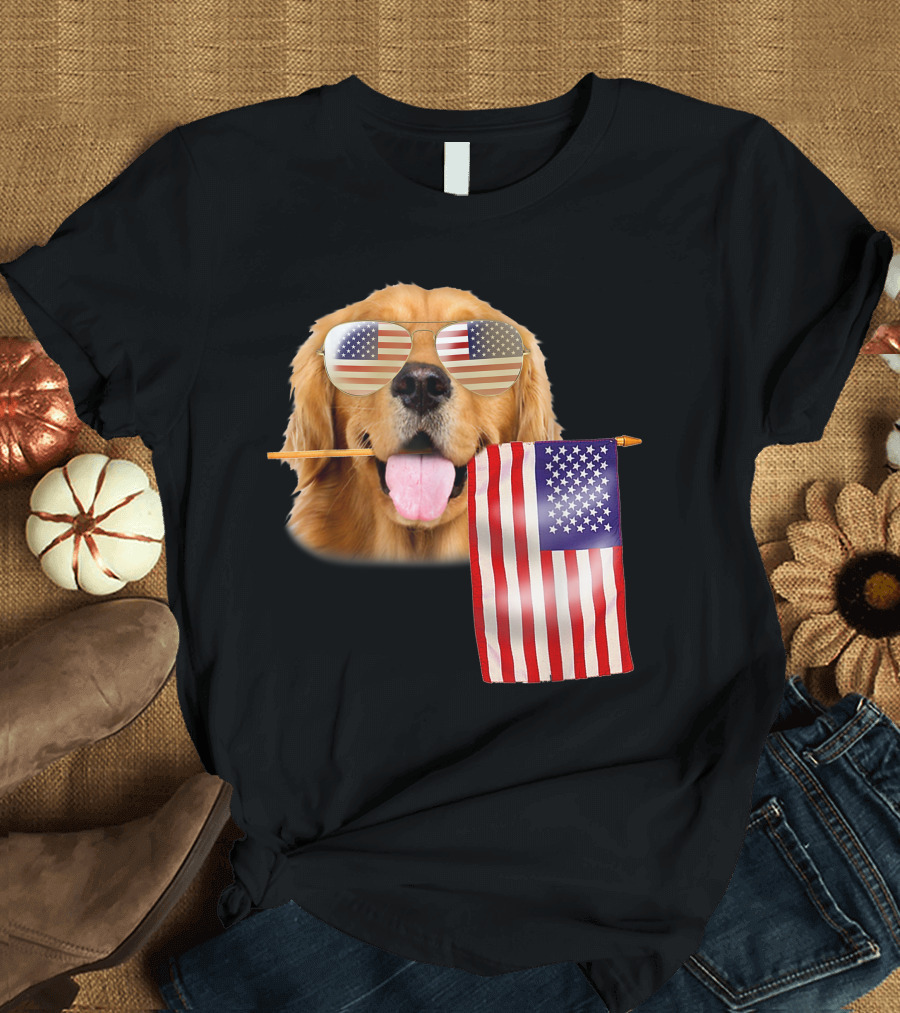 Patriotic Golden Retriever with American Flag Sunglasses for 4th of July Lovers T-Shirt