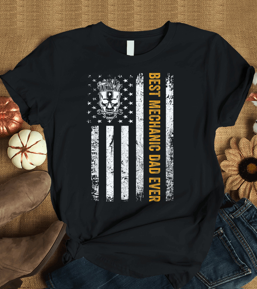 Best Mechanic Dad Ever Vintage USA Flag Skull T-Shirt