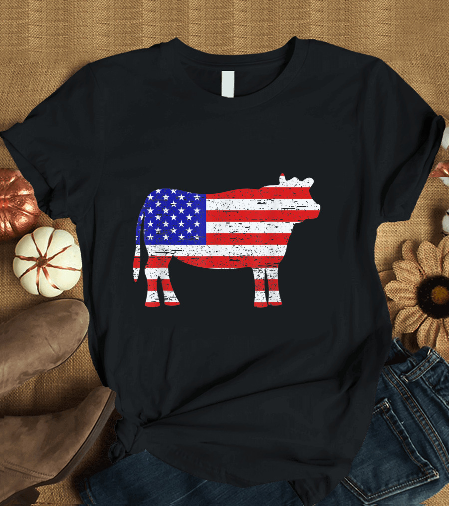 American USA Flag Cow Patriotic 4th Of July Farm T-Shirt