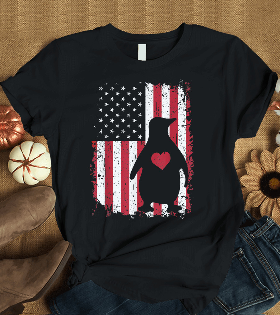 Penguin Heart 4th of July American USA Flag Patriotic T-Shirt