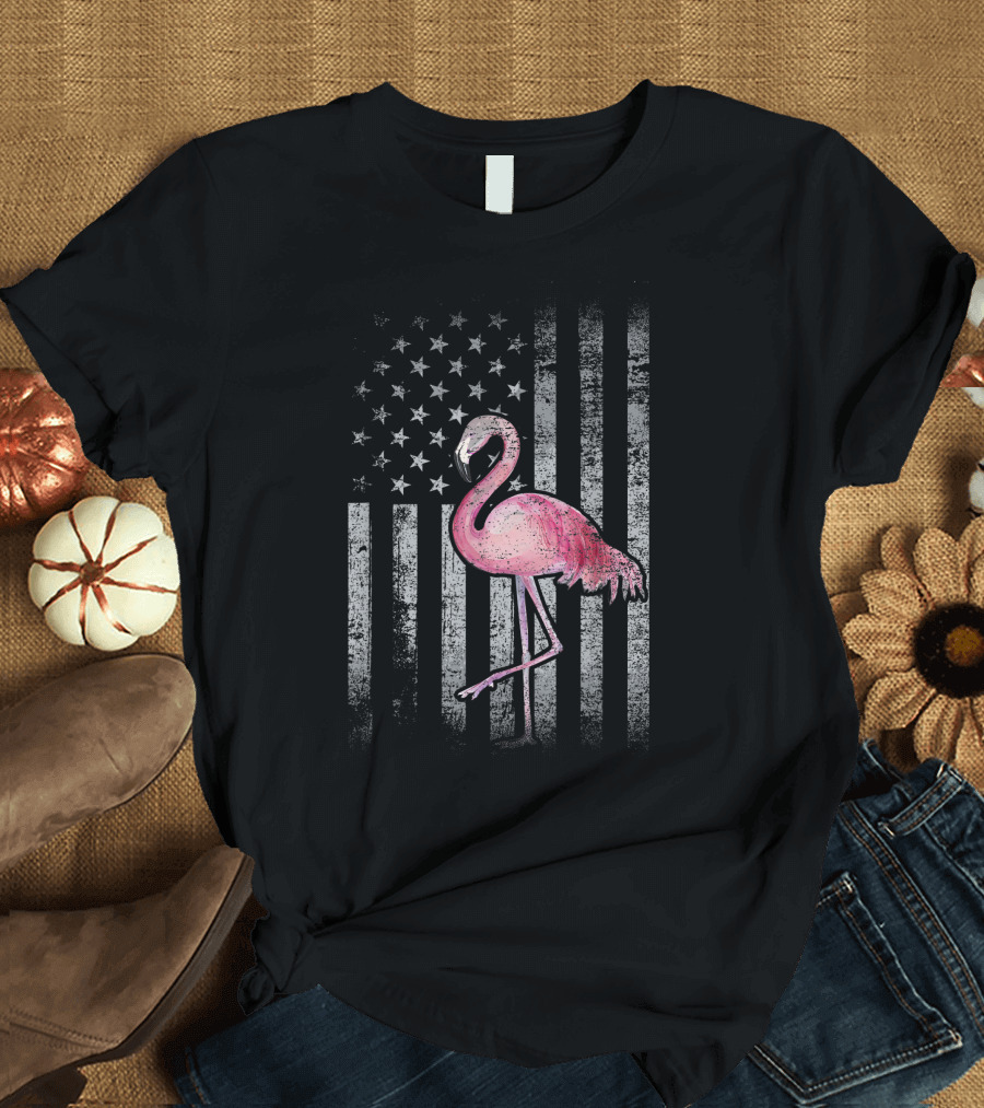 Pink Flamingo American Flag Independence Day 4th of July Fun T-Shirt