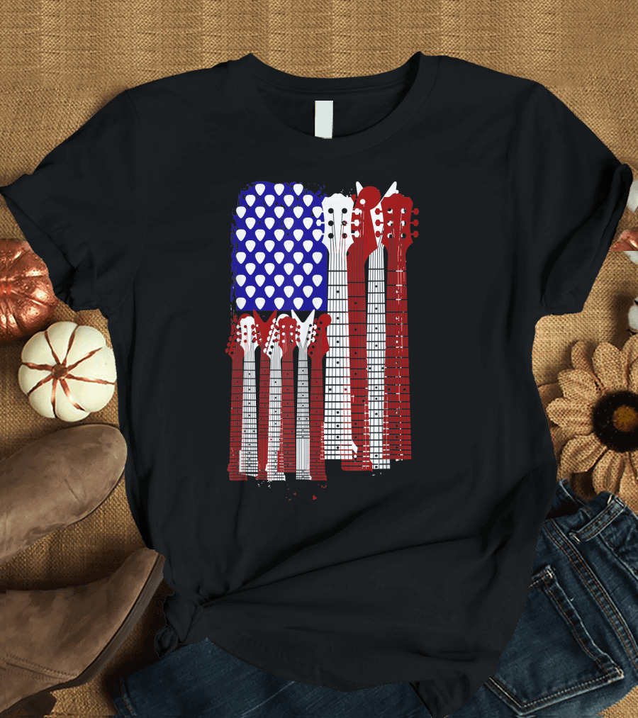 Guitar Plectrum American Flag with Guitar Necks Band T-Shirt
