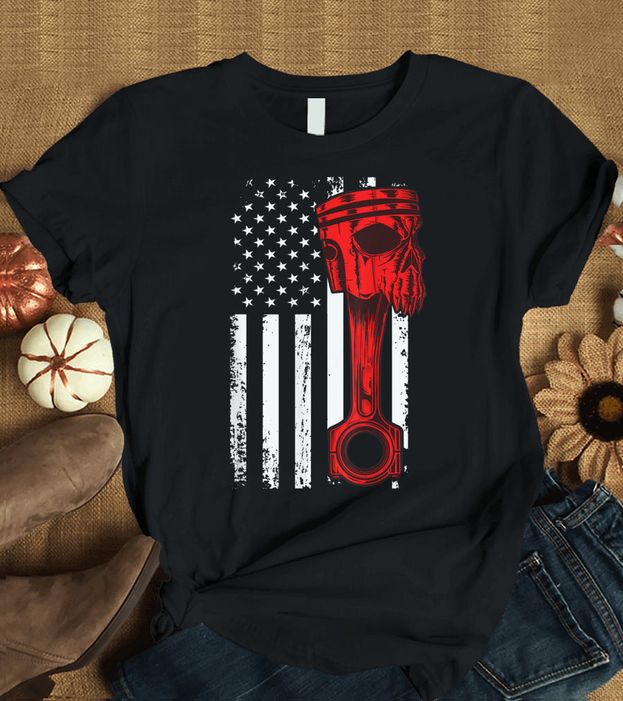 American Flag Skull Piston Car Enthusiast Muscle Car T-Shirt