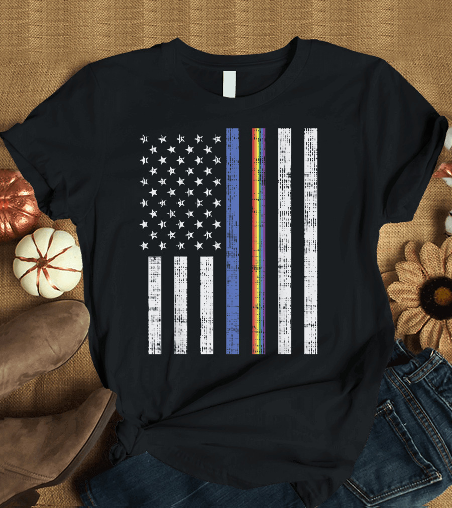 LGBT Thin Blue Line Rainbow American Flag Representation for Gay Police T-Shirt