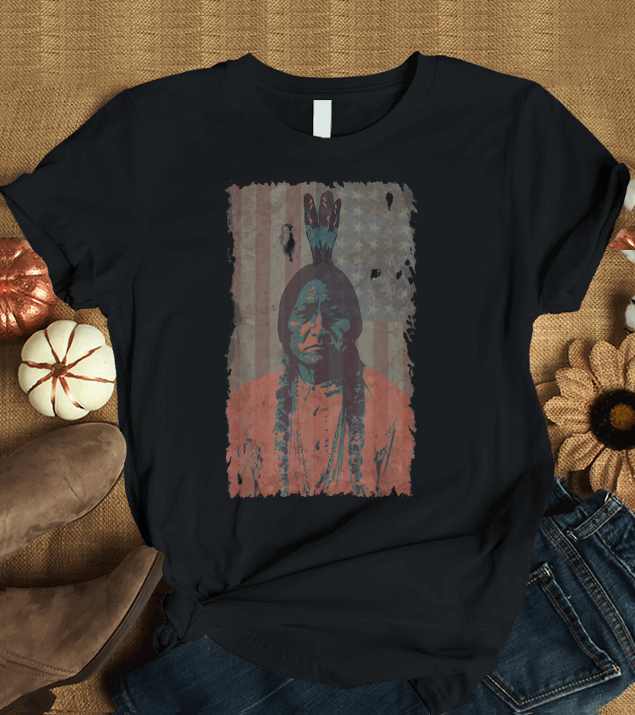 Native American Warrior with USA Flag Background T-Shirt