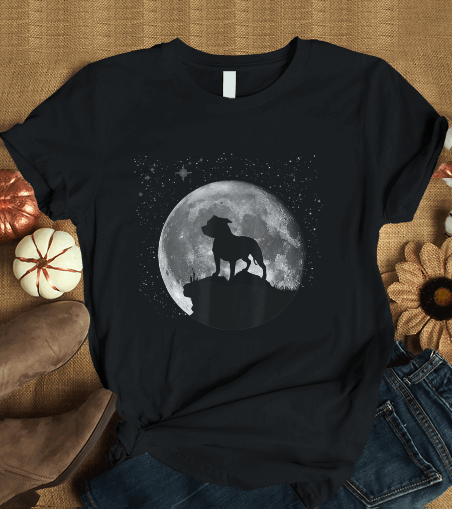 American Pit Bull Terrier Silhouette Against Moon and Stars T-Shirt