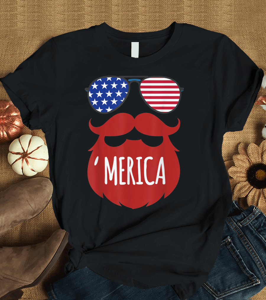 4th Of July 'Merica Beard Sunglasses American Flag Patriotic T-Shirt