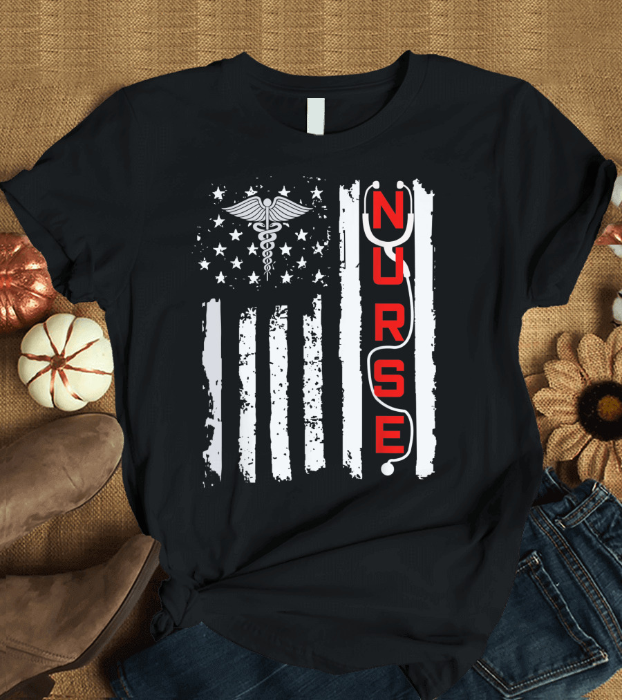 American Flag Nurse RN with Caduceus T-Shirt