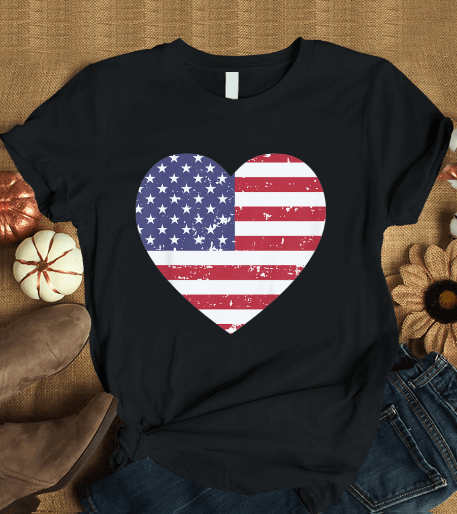 Kids Girls Heart American Flag Stars Stripes Patriotic T-Shirt