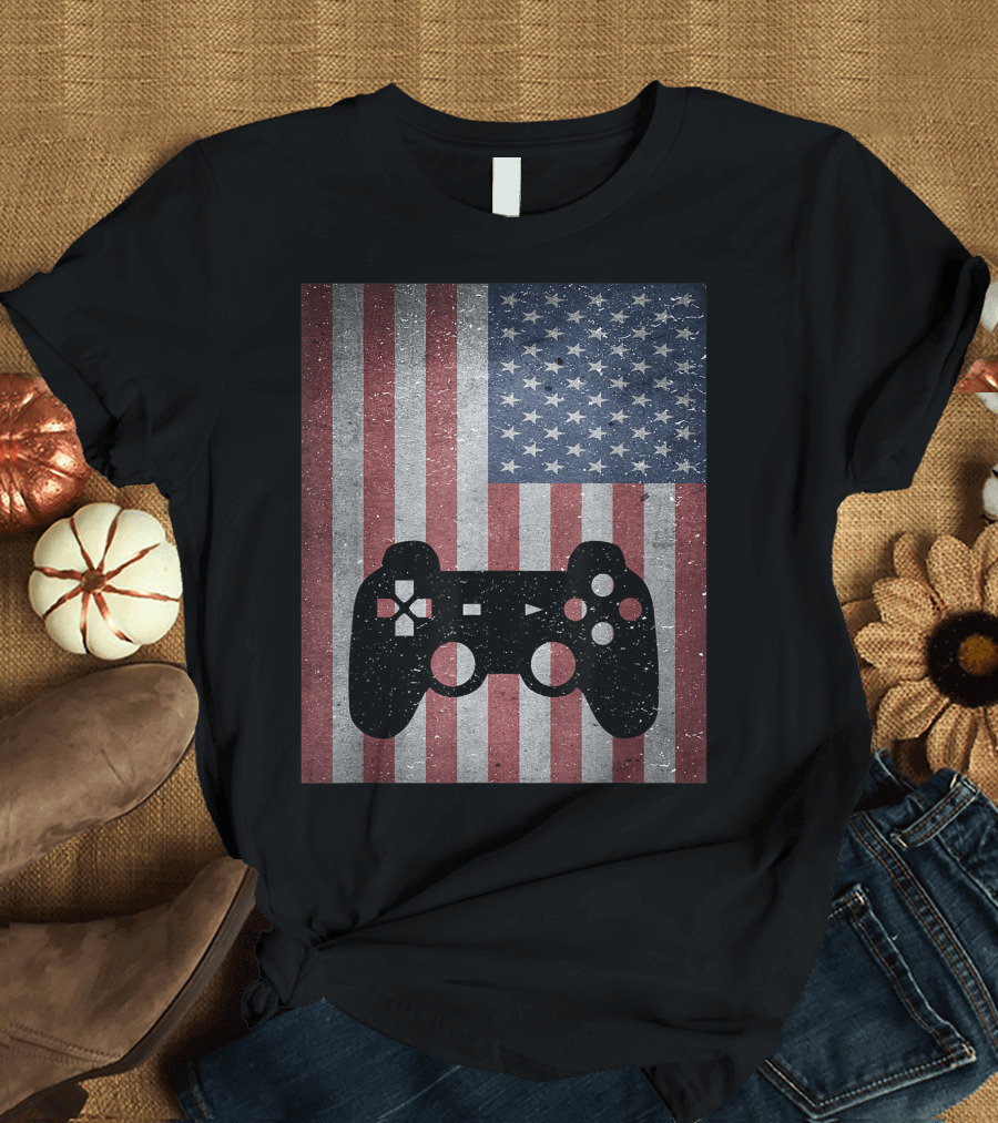 4Th Of July Gamer Vintage American Flag Video Game Controller T-Shirt