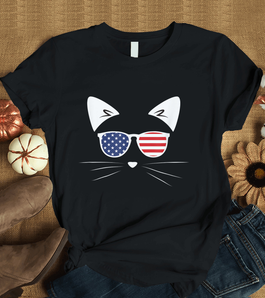 American Flag Cat Wearing Patriotic Sunglasses T-Shirt