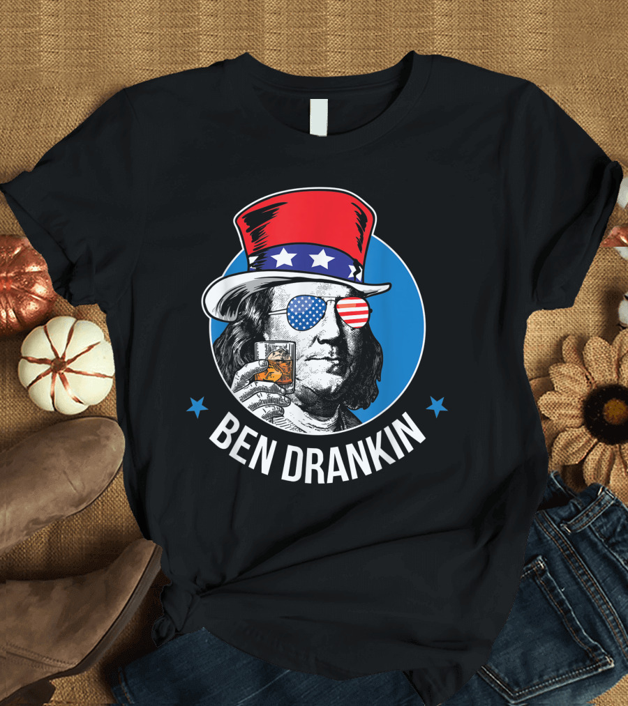 Ben Drankin Benjamin Franklin 4th of July American Flag Hat and Glasses T-Shirt