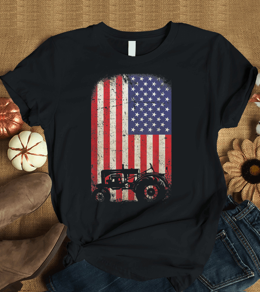 Rustic American Flag Tractor 4th Of July Farmer T-Shirt