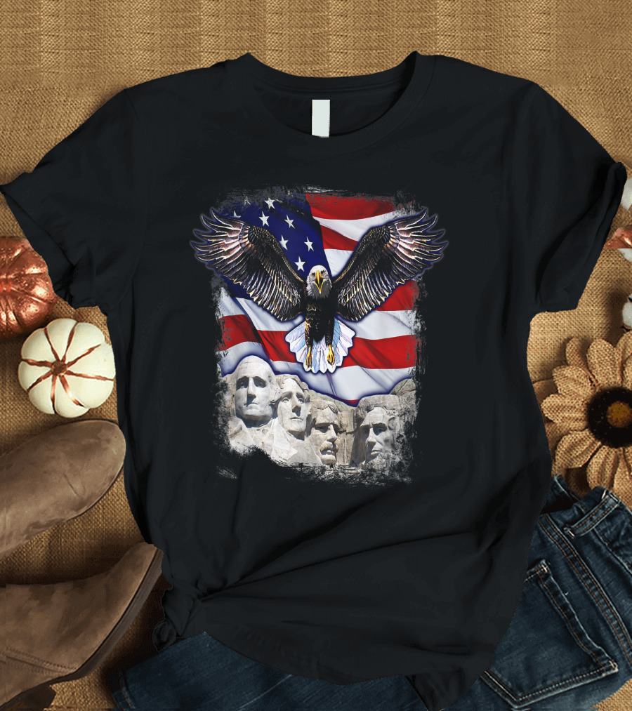 American Bald Eagle and Mount Rushmore with U.S. Flag 4th of July Merica T-Shirt