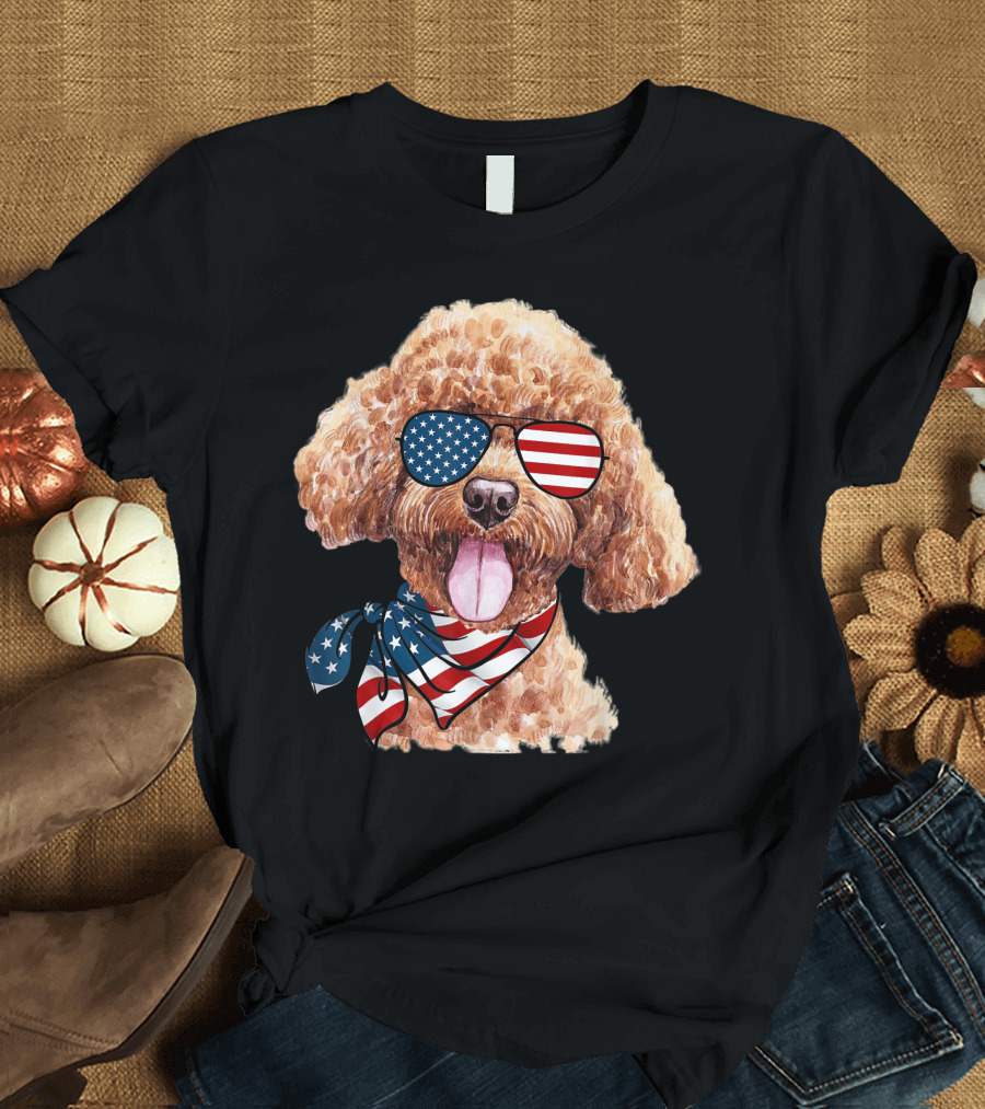 Patriotic Poodle Wearing American Flag Sunglasses and Scarf for 4th of July T-Shirt
