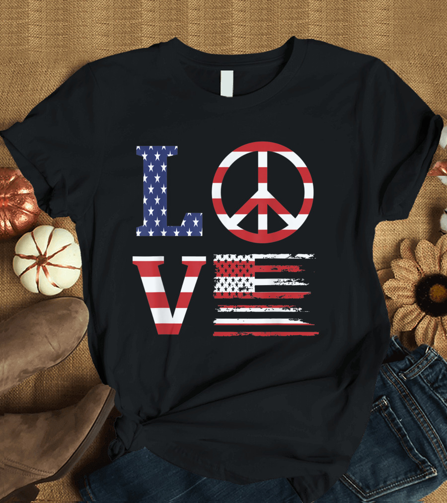 Love with American Flag and Peace Sign 4th of July T-Shirt