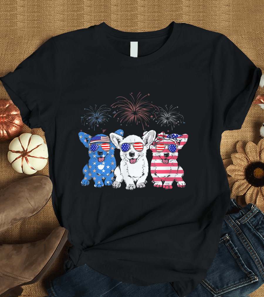 Corgi American Flag USA 4th of July Fireworks Glasses T-Shirt