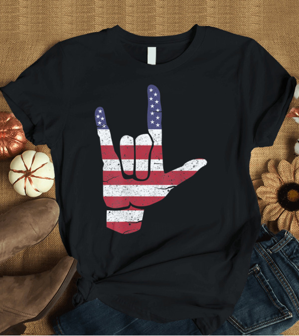 T-Shirt: ASL I Love You American Sign Language USA Flag Hand Gesture T-Shirt ASL I Love You American Sign Language USA Flag Hand Gesture T-Shirt