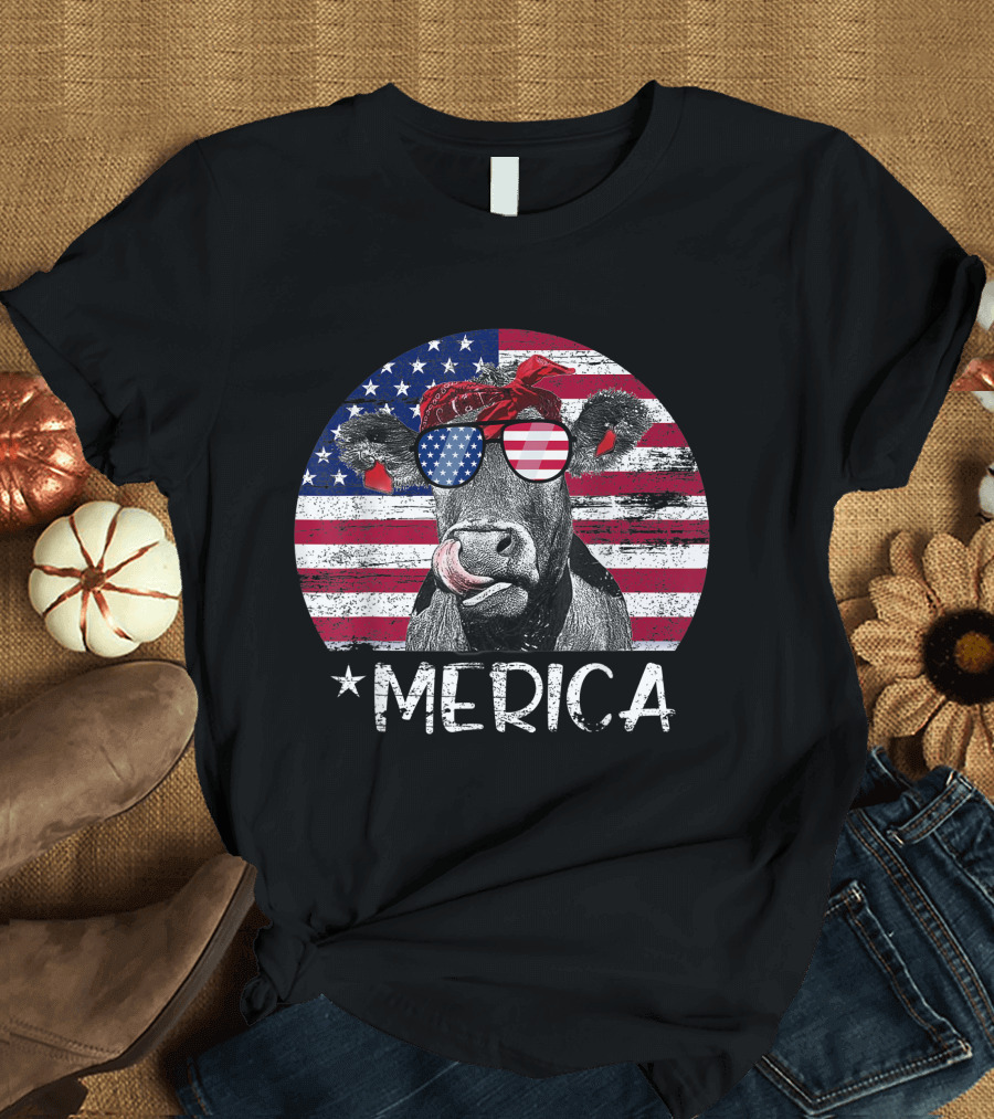 Merica Heifer Cow with American Flag Sunglasses Patriotic 4th of July T-Shirt