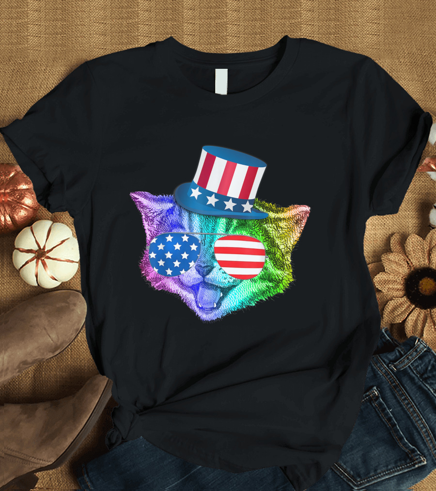 Rainbow Feline Cat Wearing American Flag Hat and Glasses for 4th of July T-Shirt