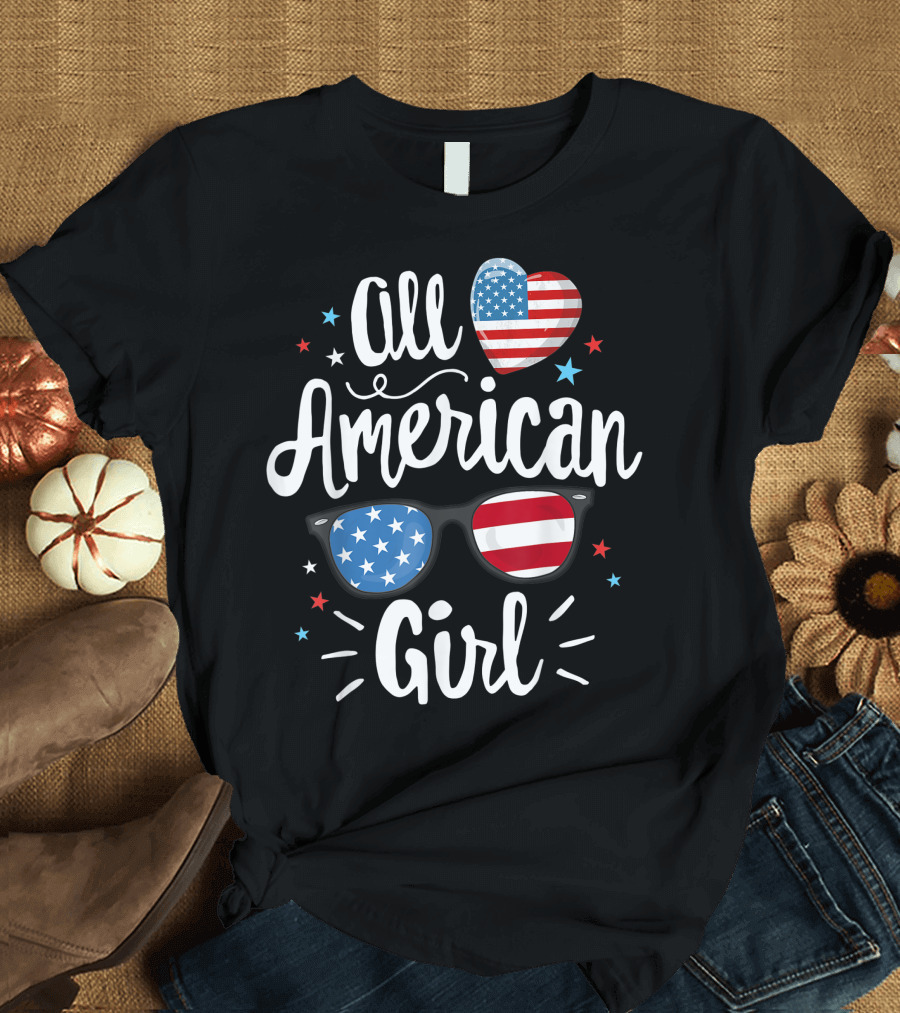 All American Girl Heart Sunglasses Stars Stripes Flag Patriotic 4th of July T-Shirt