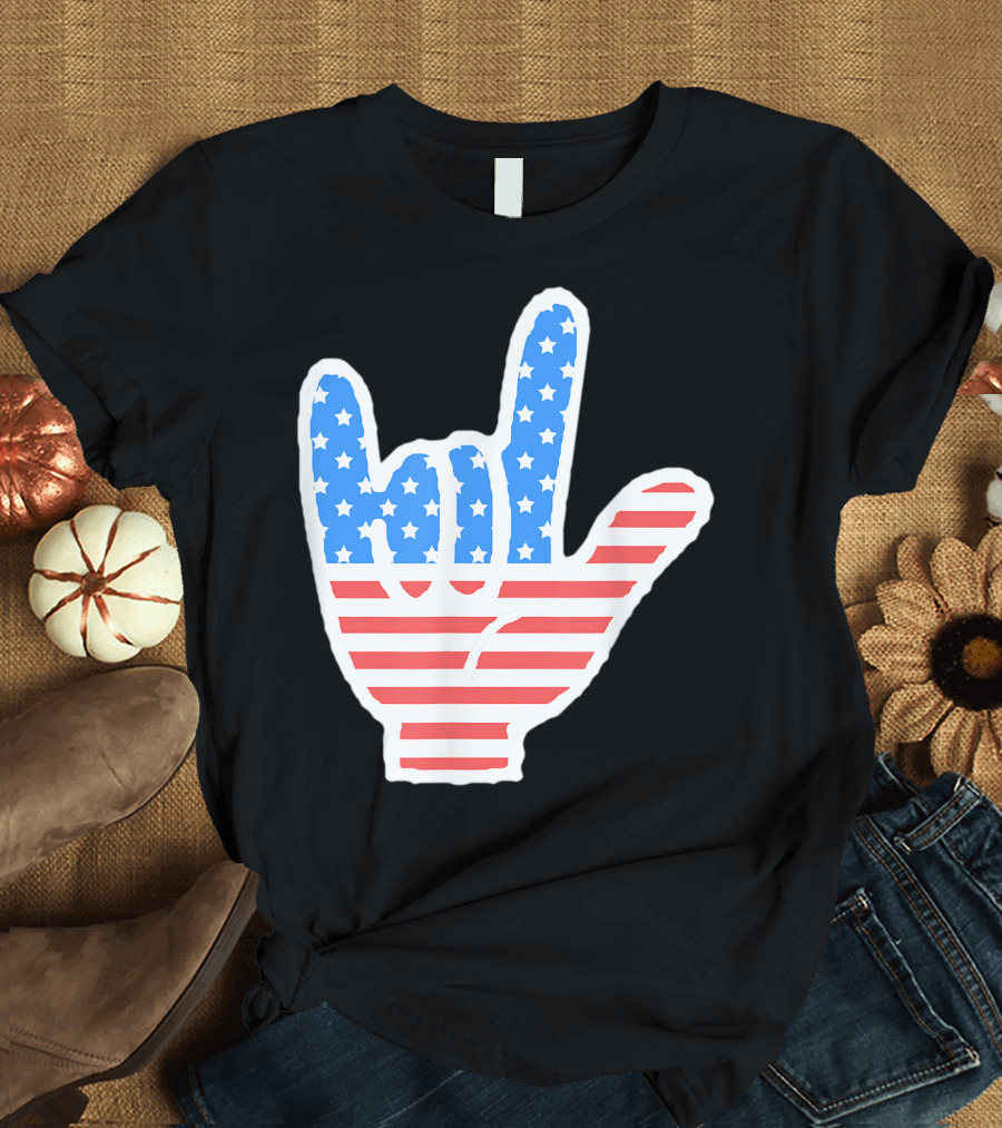 ASL Sign Language I Love You American USA Flag 4th of July T-Shirt