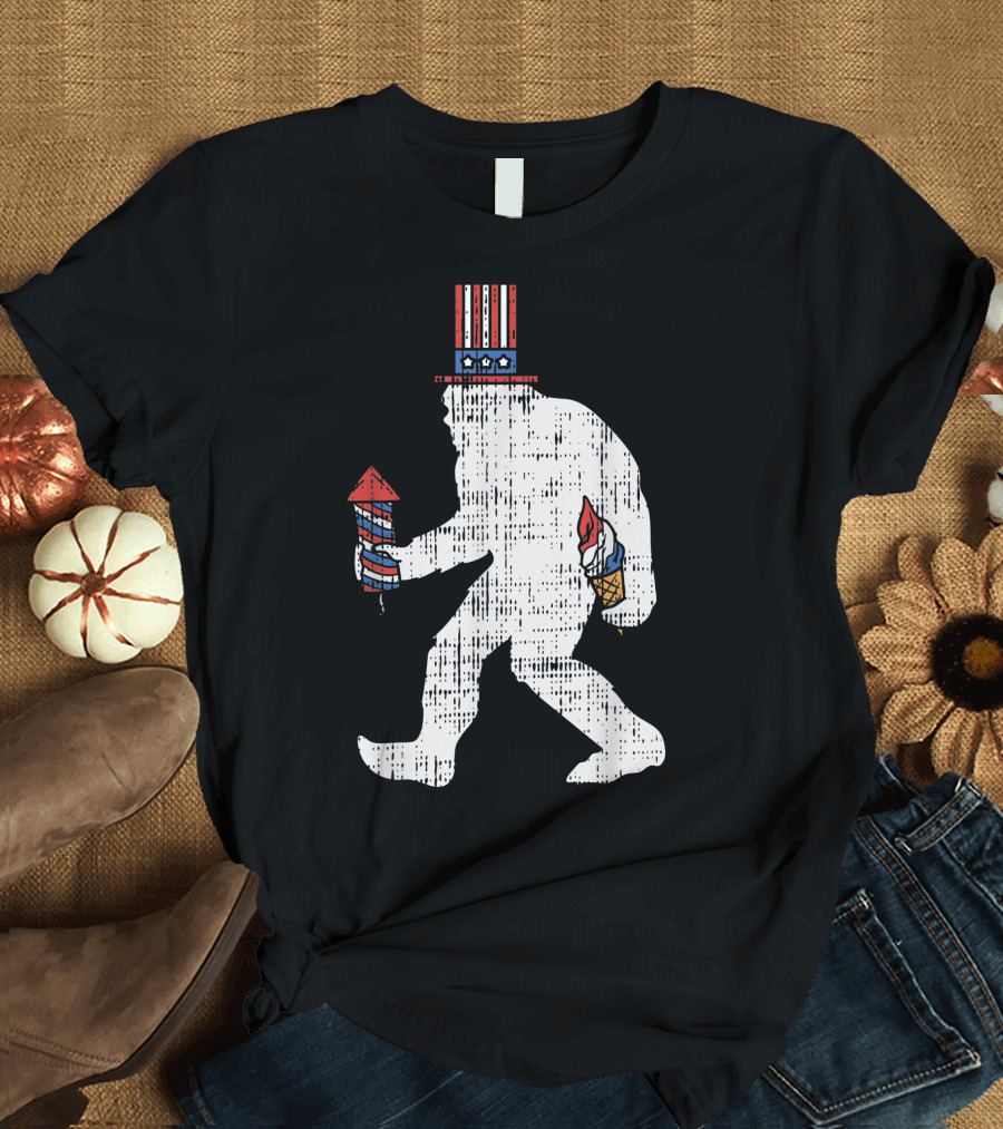 Patriotic Bigfoot Uncle Sam Hat Rocket Ice Cream 4th of July Parade T-Shirt