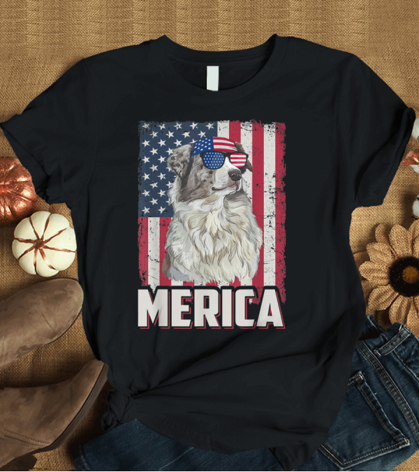 T-Shirt: Australian Shepherd Merica American Flag 4th Of July T-Shirt Australian Shepherd Merica American Flag 4th Of July T-Shirt