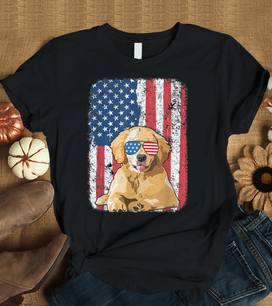 Distressed American USA Flag Golden Retriever Dog with Patriotic Sunglasses T-Shirt