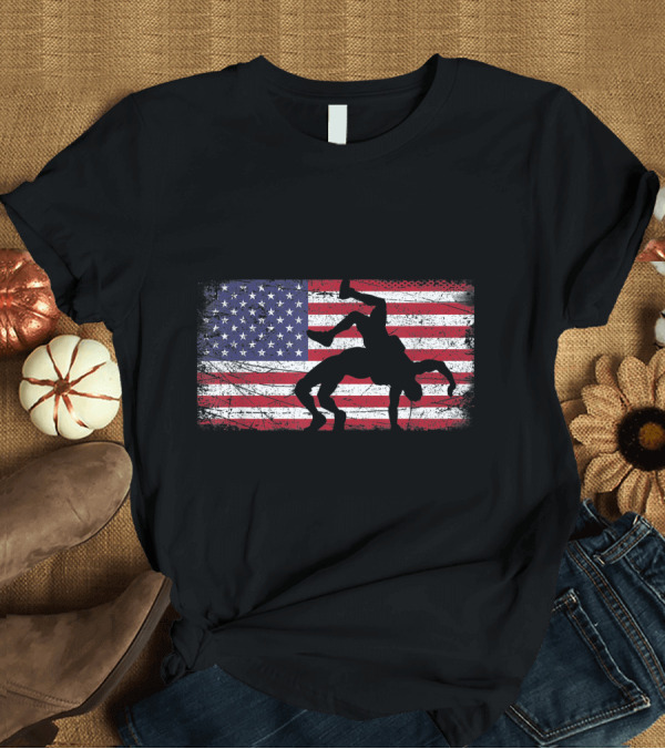 T-Shirt: Wrestling Silhouette over Distressed American Flag for Wrestler T-Shirt Wrestling Silhouette over Distressed American Flag for Wrestler T-Shirt