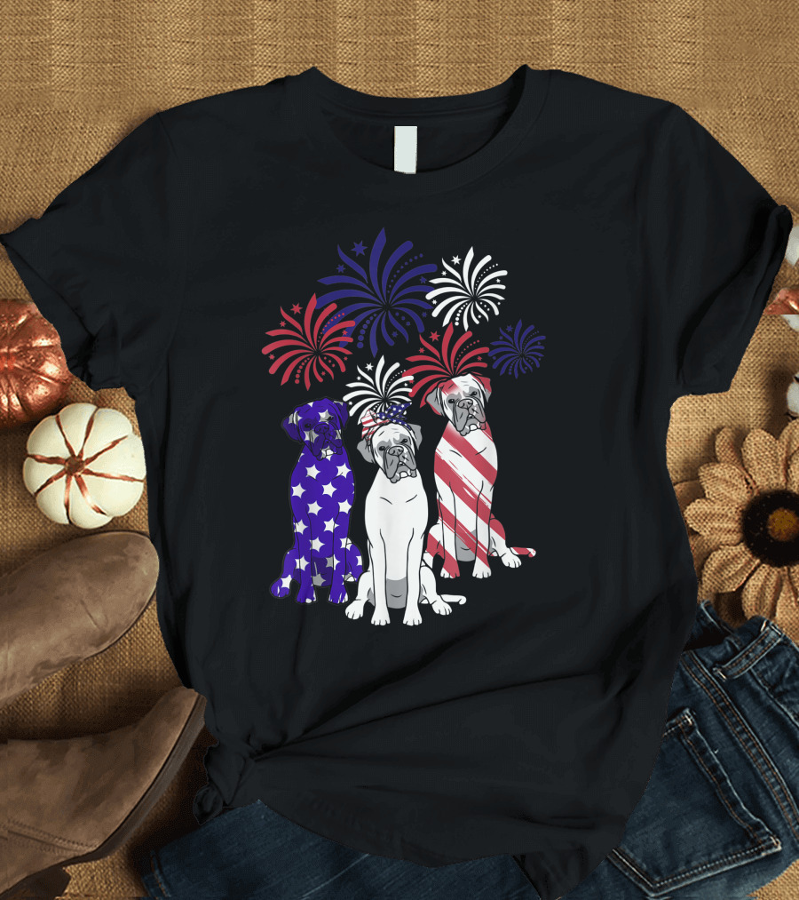American Flag Boxer Dog Fireworks 4th of July T-Shirt