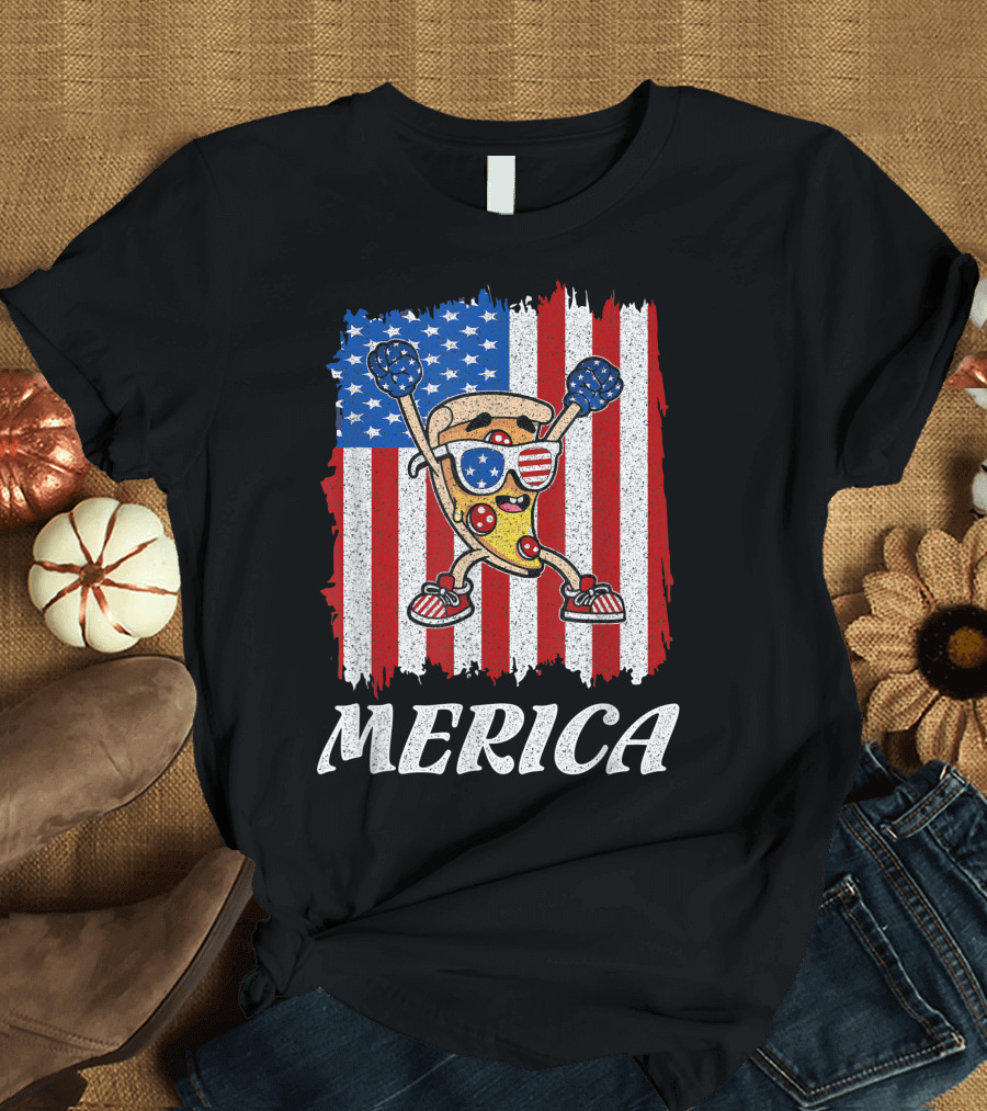 Pizza With Sunglasses Boxing Gloves American Flag Merica 4th July T-Shirt