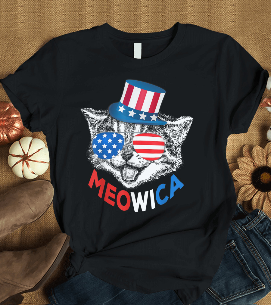 Red White Blue Cat Meowica 4Th Of July American Flag Hat Sunglasses T-Shirt