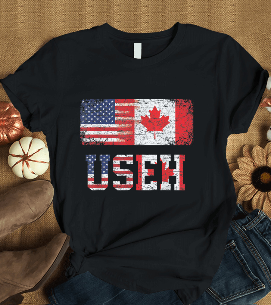 USEH Leaf Canadian American Flag Canada USA Flag T-Shirt