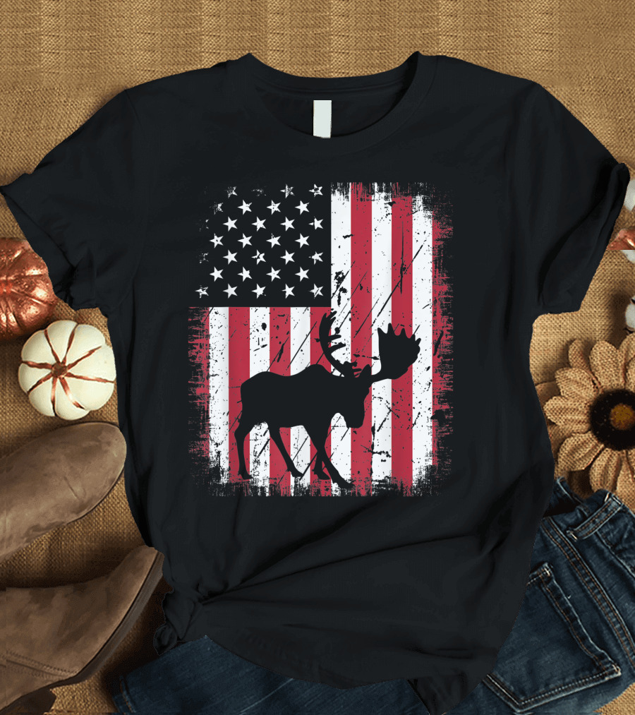 Vintage Moose American Flag USA 4th of July Patriotic T-Shirt
