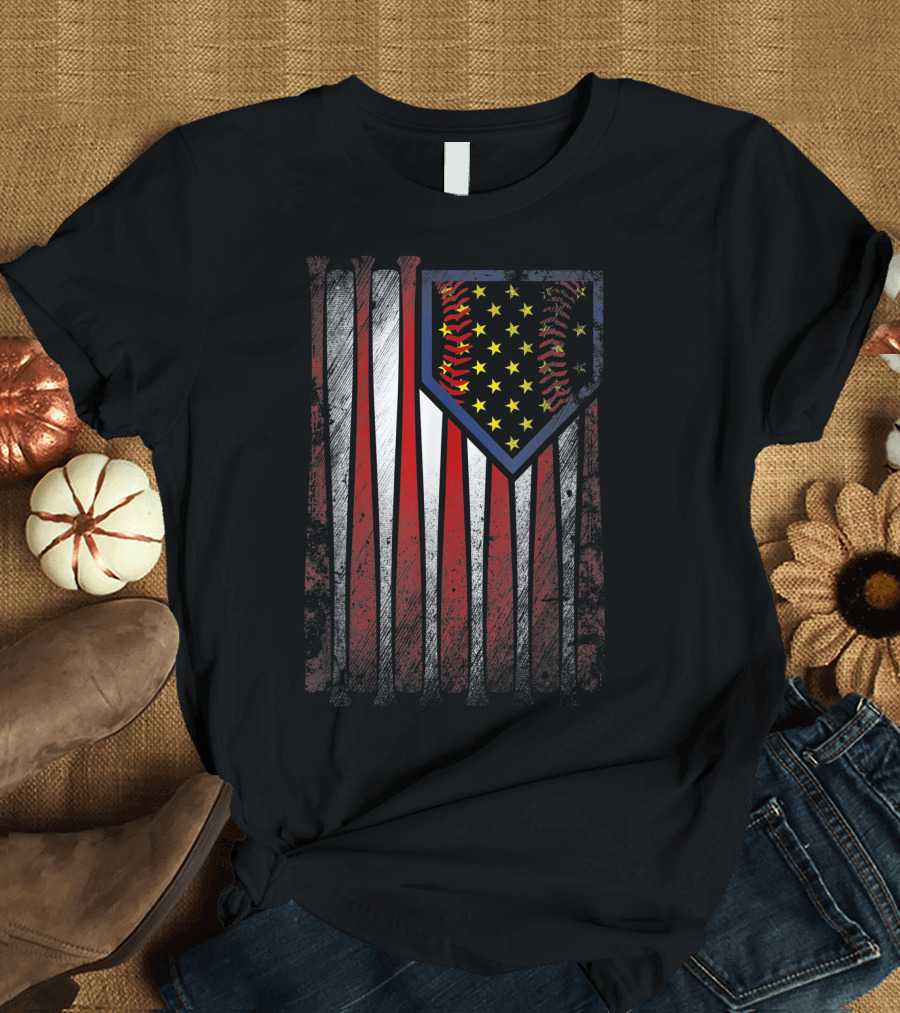 Vintage USA Patriotic Softball Bat American Flag T-Shirt