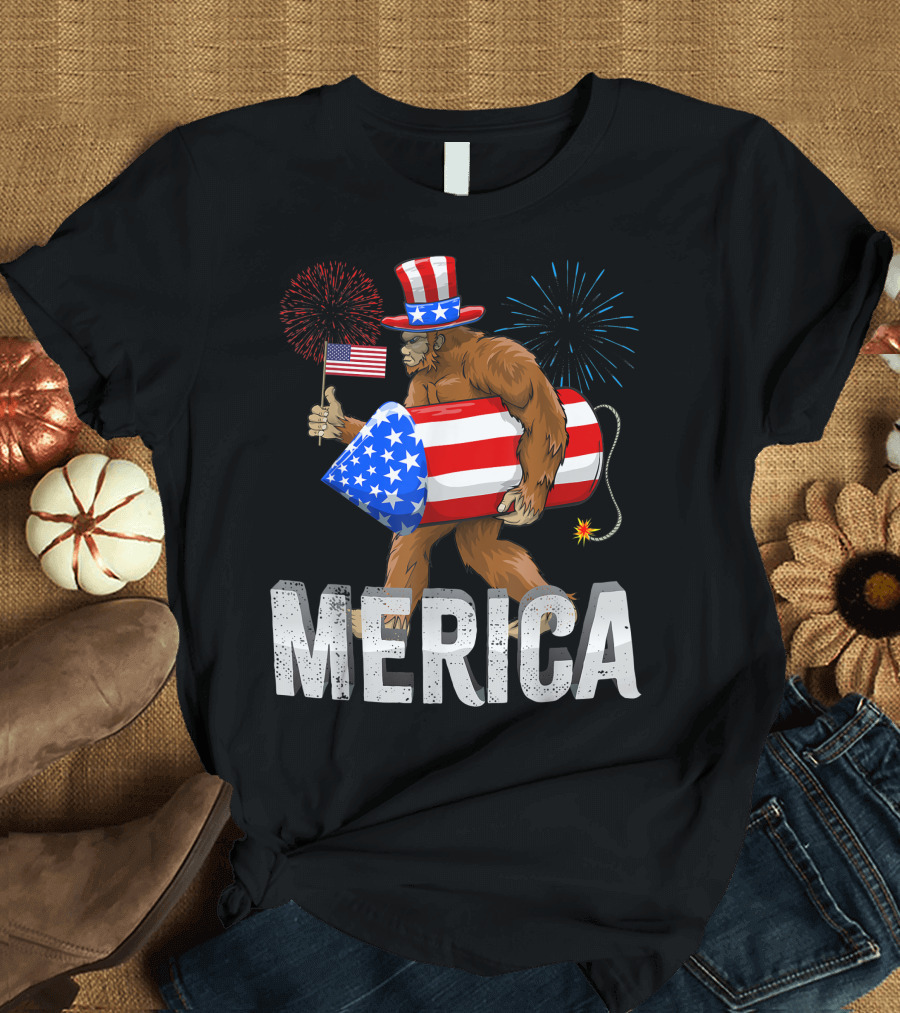 Bigfoot Merica Firecracker American Flag 4th of July Sasquatch T-Shirt