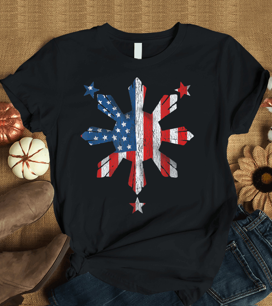 Filipino Pinoy Pride American Flag Philippines Sunburst Stars 4th Of July T-Shirt