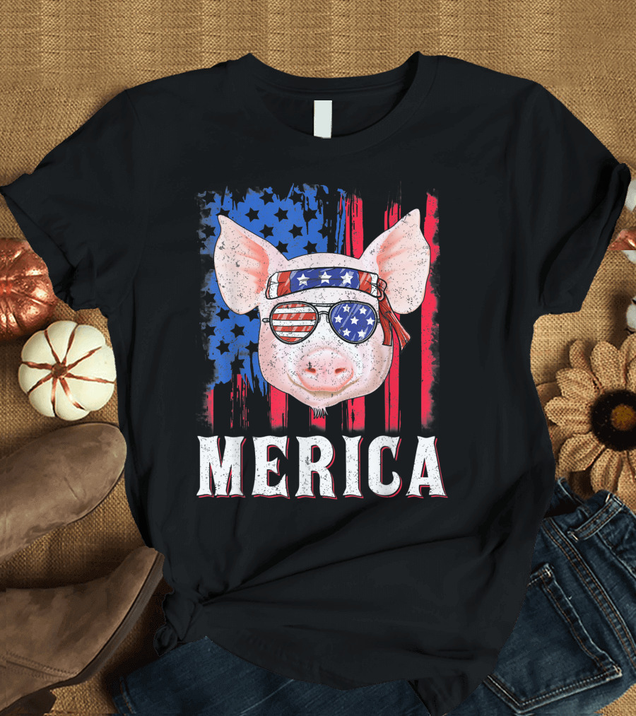 Patriotic 'Merica Pig with American Flag Sunglasses and Bandana T-Shirt