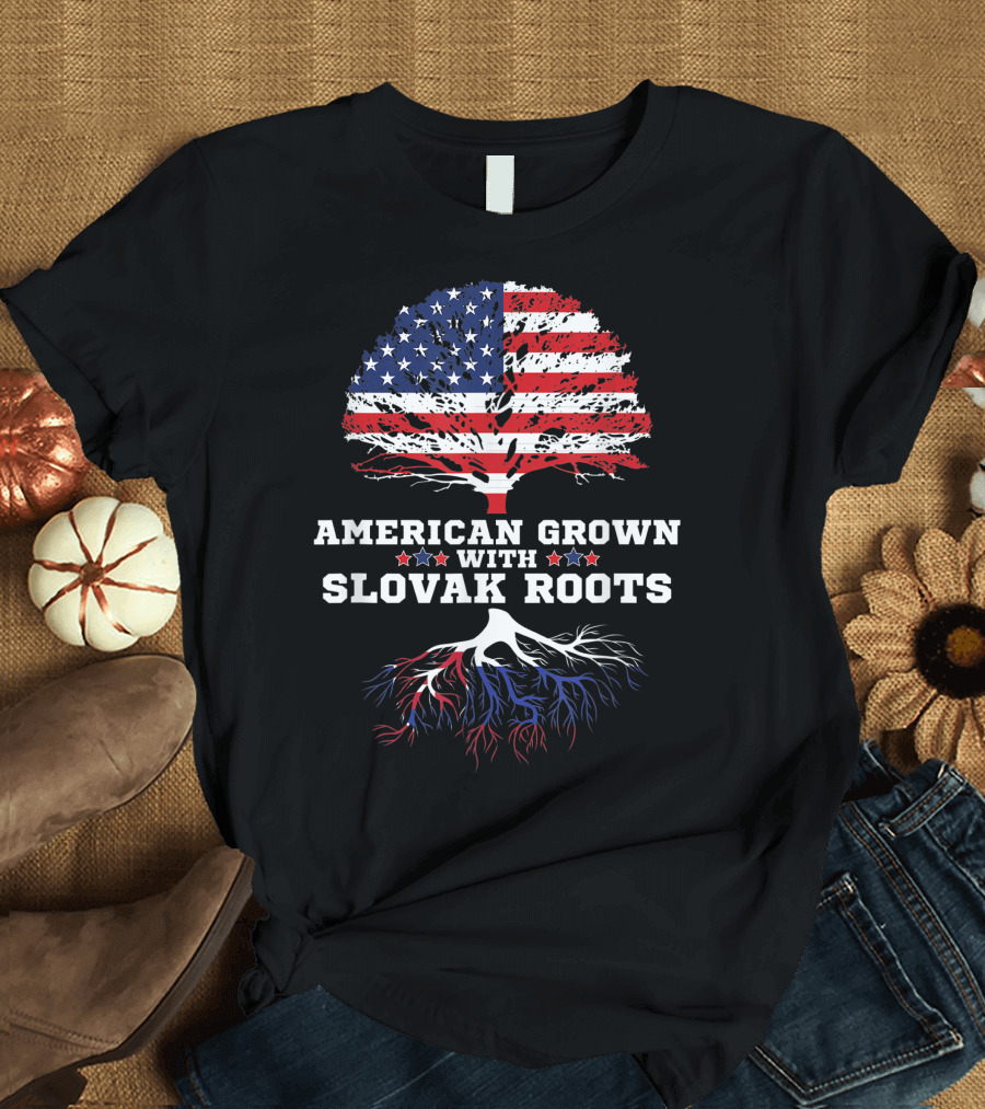 American Grown with Slovak Roots USA Flag Tree Slovensko Heritage T-Shirt