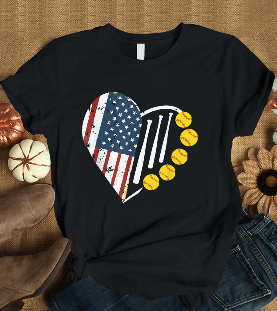 Softball Heart with American Flag and Softballs for 4th of July T-Shirt