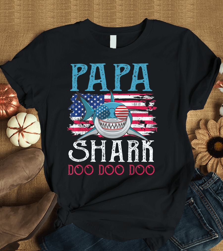 Papa Shark Doo Doo Doo American Flag 4th of July T-Shirt