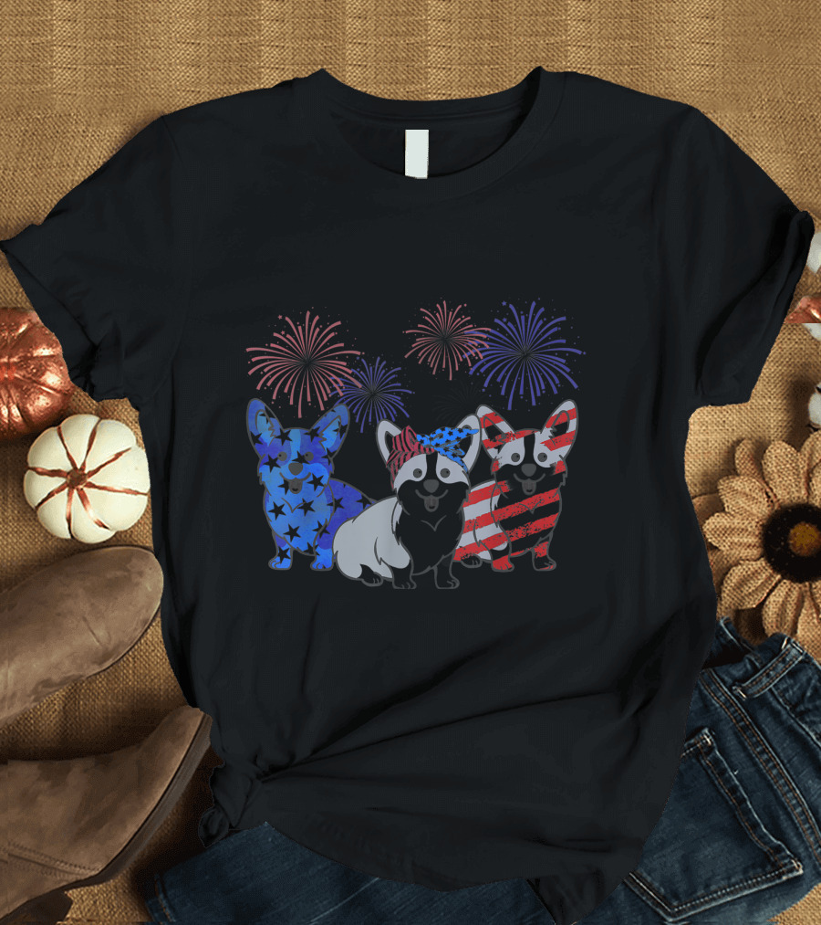 Corgi American Flag Fireworks 4th of July T-Shirt