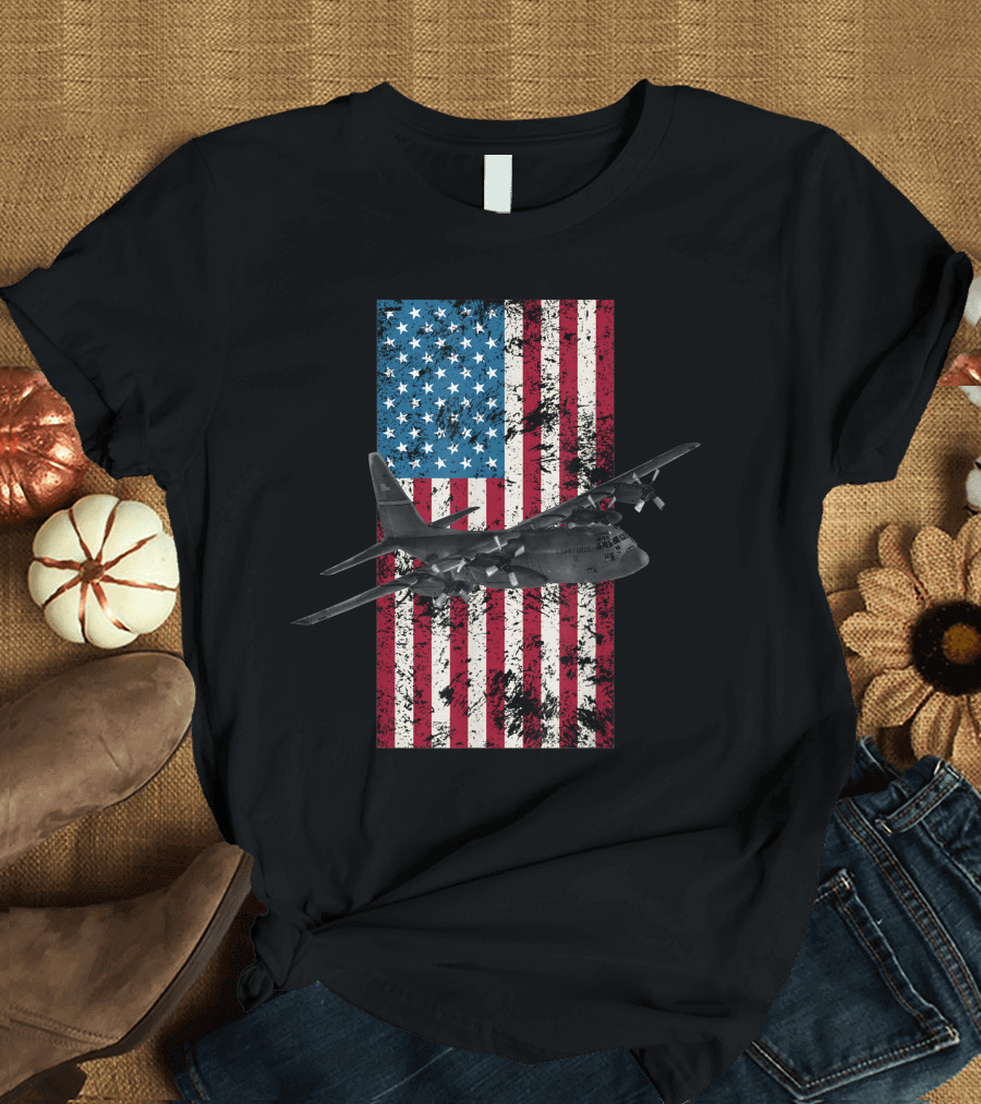 C 130 Hercules Vintage American Flag Military Aircraft USA Patriotic T-Shirt