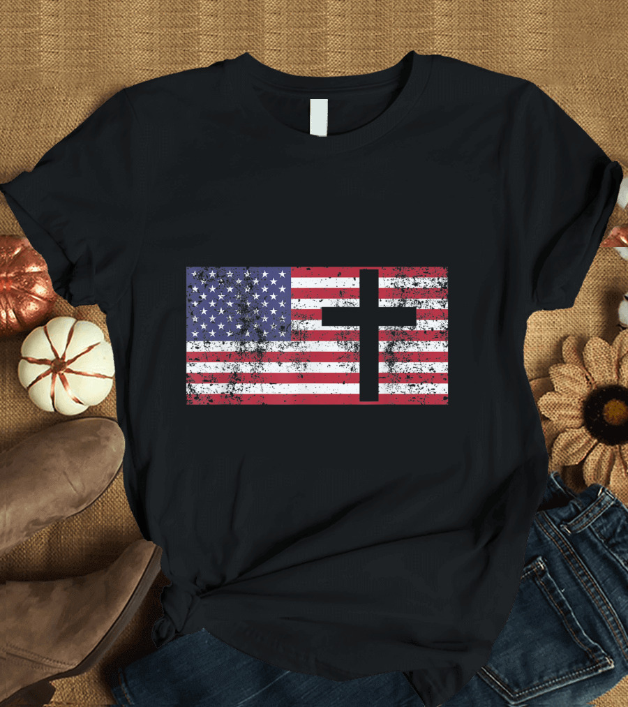 Fourth Of July USA Flag With Christian Cross T-Shirt