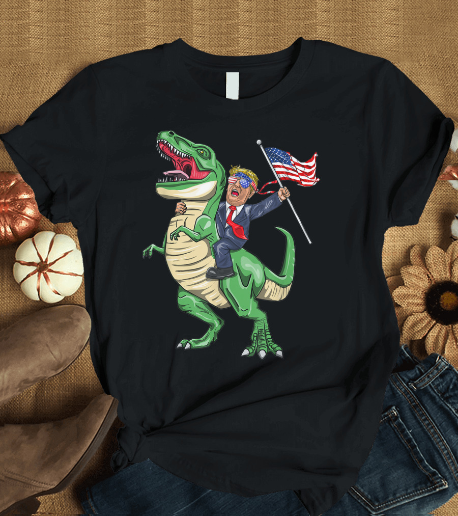 T Rex Dinosaur with Trump and American Flag for Patriotic Display T-Shirt