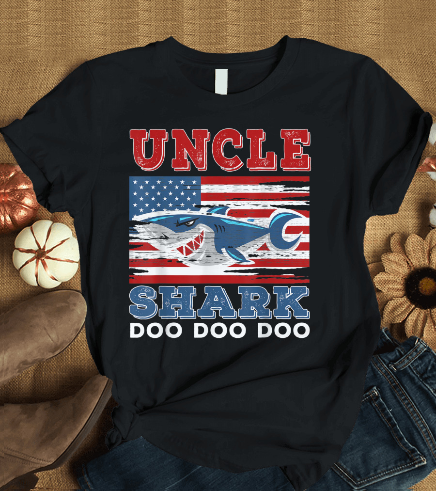 Uncle Shark Doo Doo Doo American Flag Patriotic Shark T-Shirt